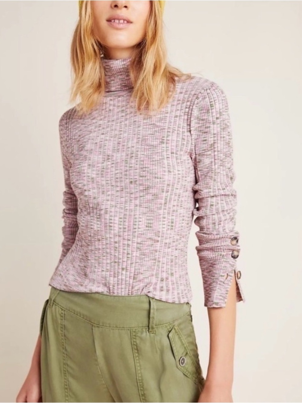 Anthropologie Button-Sleeve Turtleneck Long Sleeve Top Pink & Green Size Large